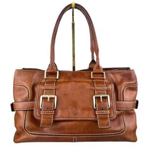 Vintage Michael Kors Brown Leather Shoulder Bag Satchel Buckle Accent